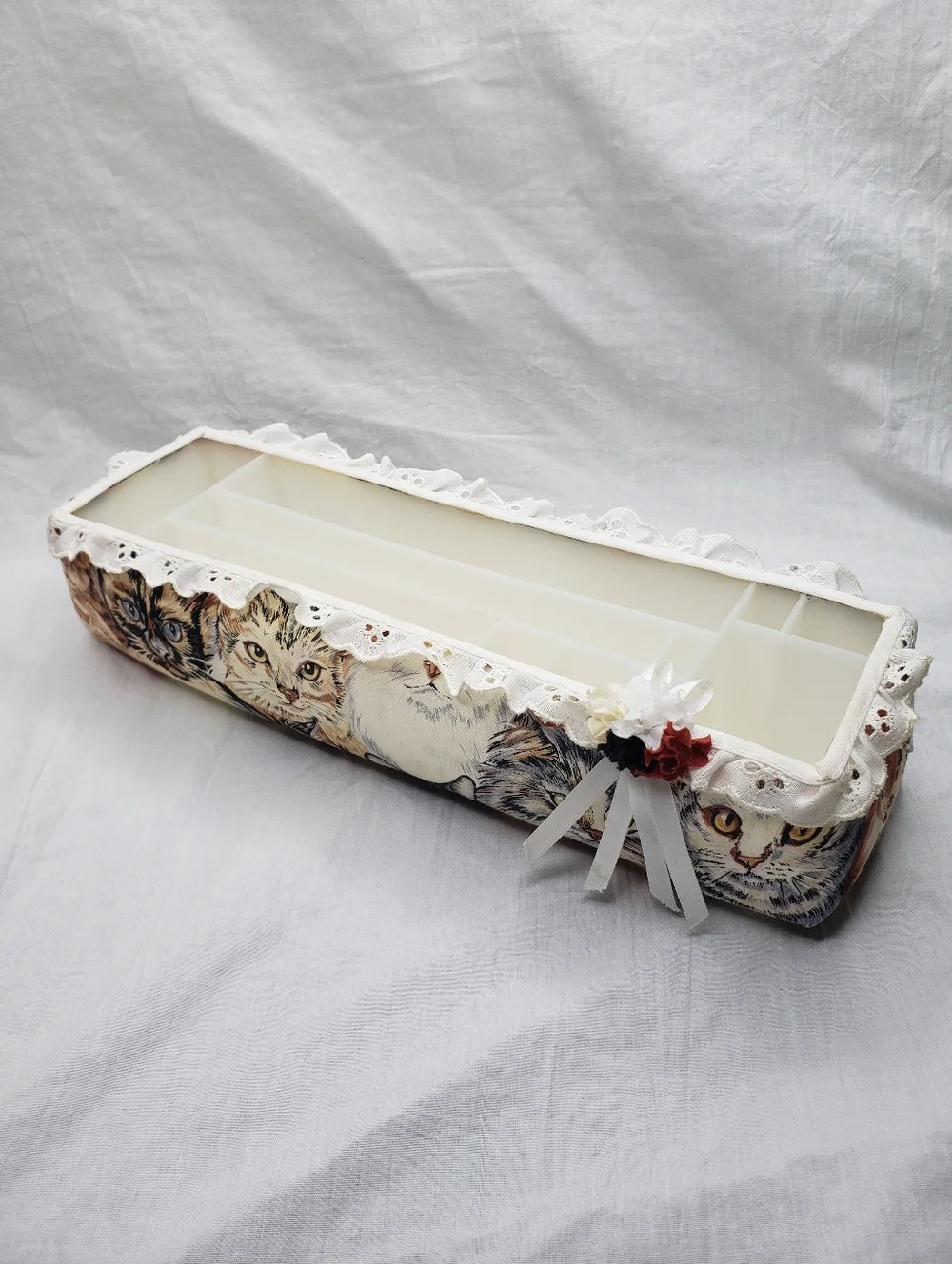 Vintage Handmade Fabric And Plastic Divided Makeup Organizer